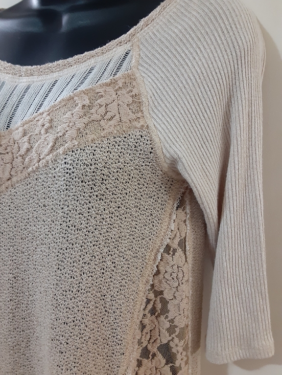We The Free Sweaters - We The Free Cream Textured Knit Lace Panel Boho Sweater Top Small